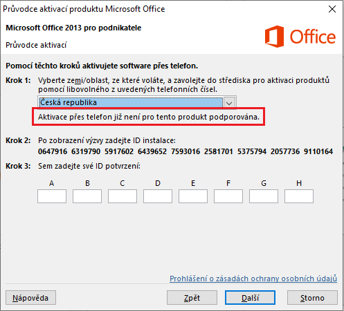 Aktivace přes telefon již není pro tento produkt podporována - Office 2013